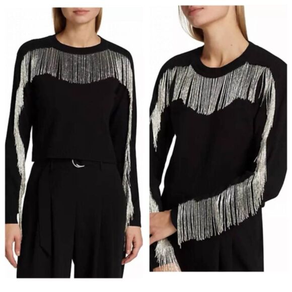 NEW CINQ A SEPT althea fringe sweater in black/silver $395 - Picture 1 of 9